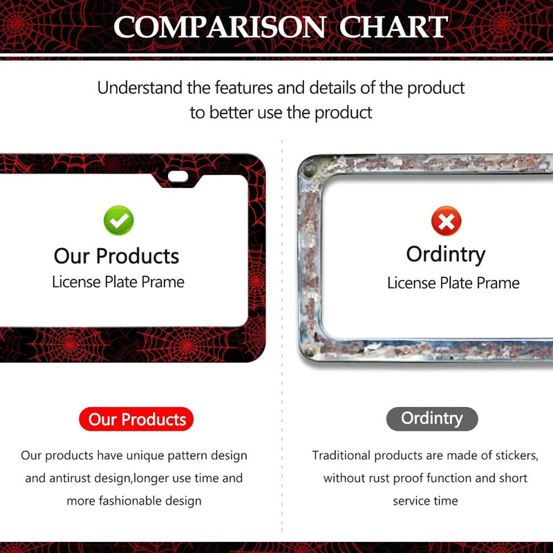 LIN KANG 2Pcs Red Spider Web License Plate Frames Novelty Personalized Gothic Stainless Steel License Plate Holder Rust-Proof Waterproof Car Decorative Tag Frames for Standard US 12x6 Inch - Image 4
